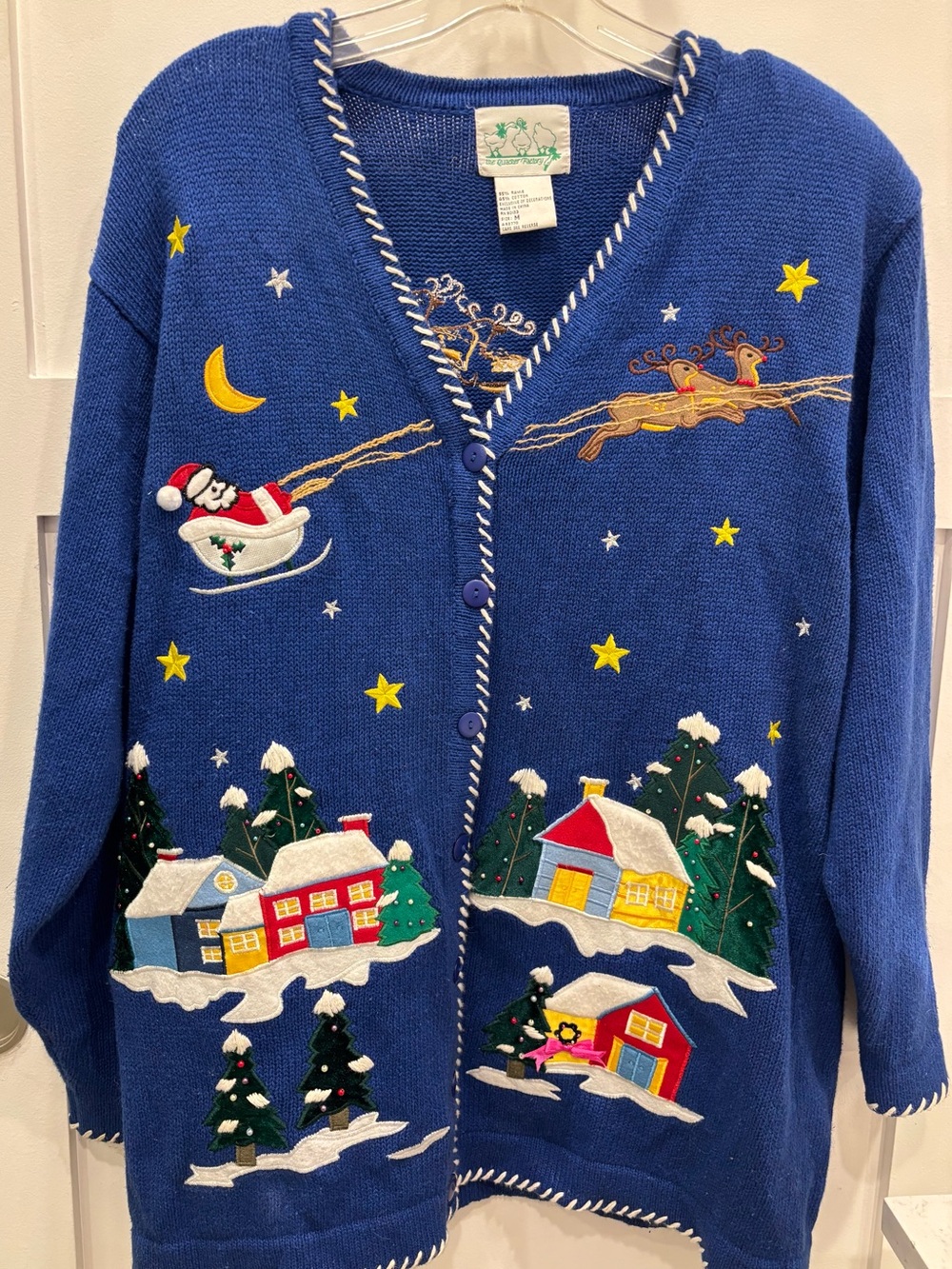 Quacker Factory Vintage Blue Embroidered Holiday Village Cardigan